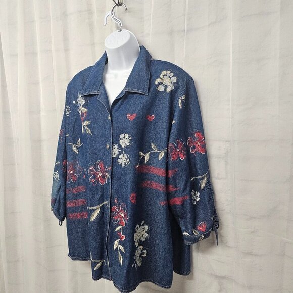 Vintage Blue Chambray Blouse "Painted" Floral Studded Ruched Boho Artsy 22W - Picture 6 of 12